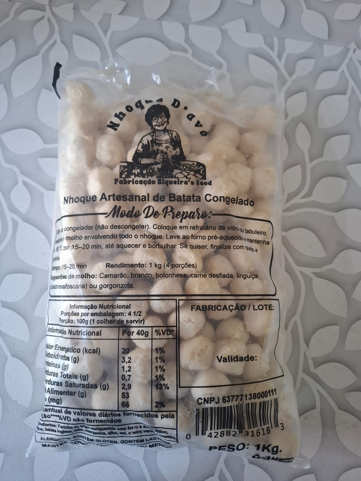 Embalagem de 1 kg do Nhoque D’Avó artesanal de batata congelado