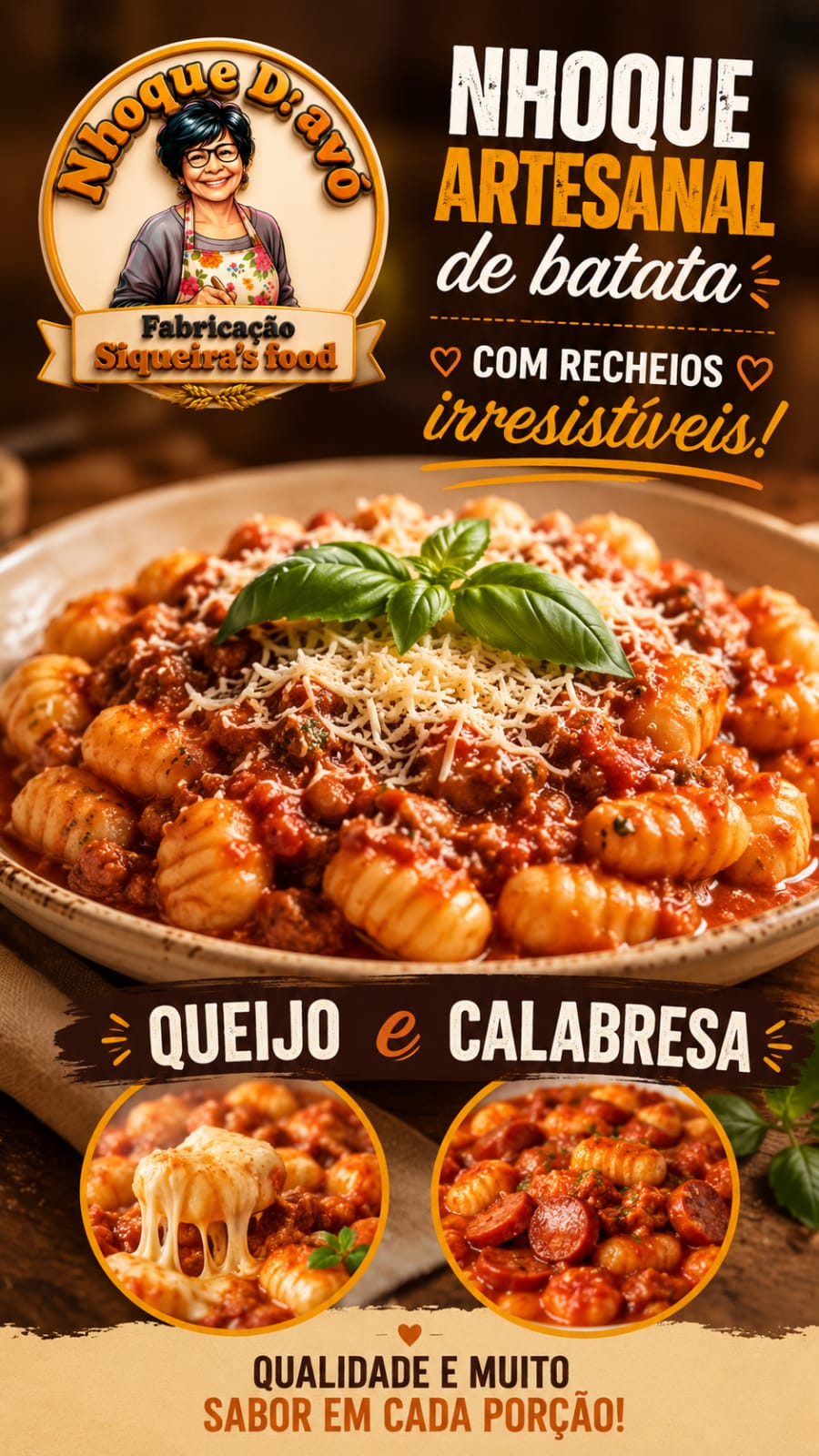 Arte ilustrativa com nhoque de batata e os recheios de queijo e calabresa