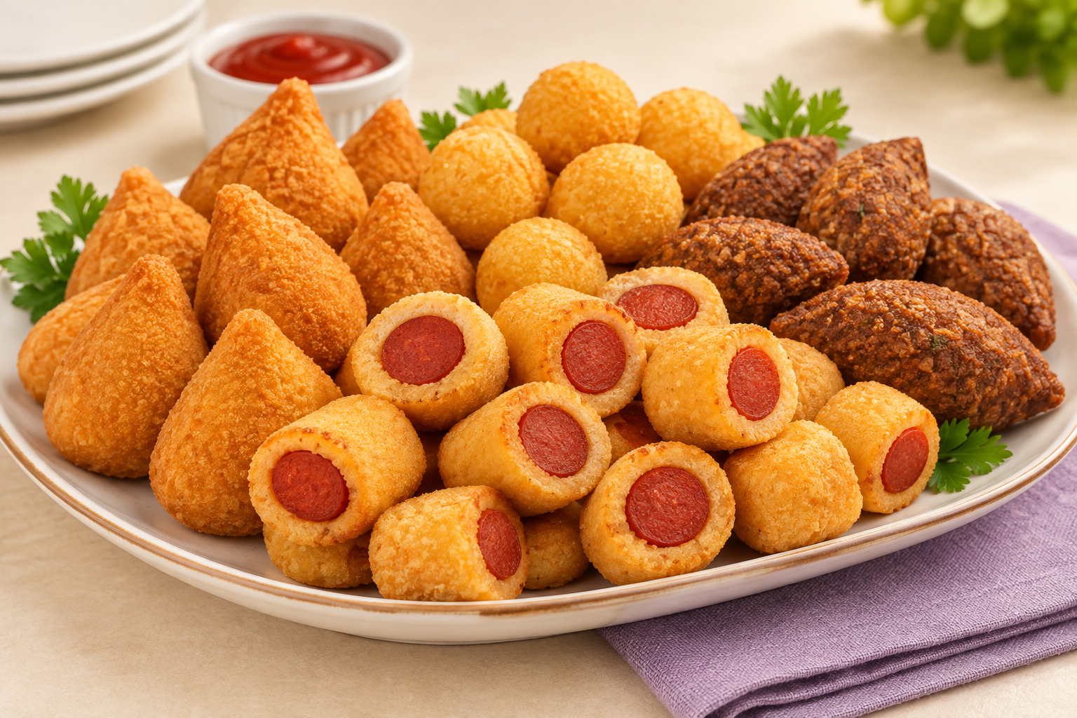 Imagem ilustrativa de uma travessa com coxinhas, bolinhas de queijo, enroladinhos de salsicha e quibes